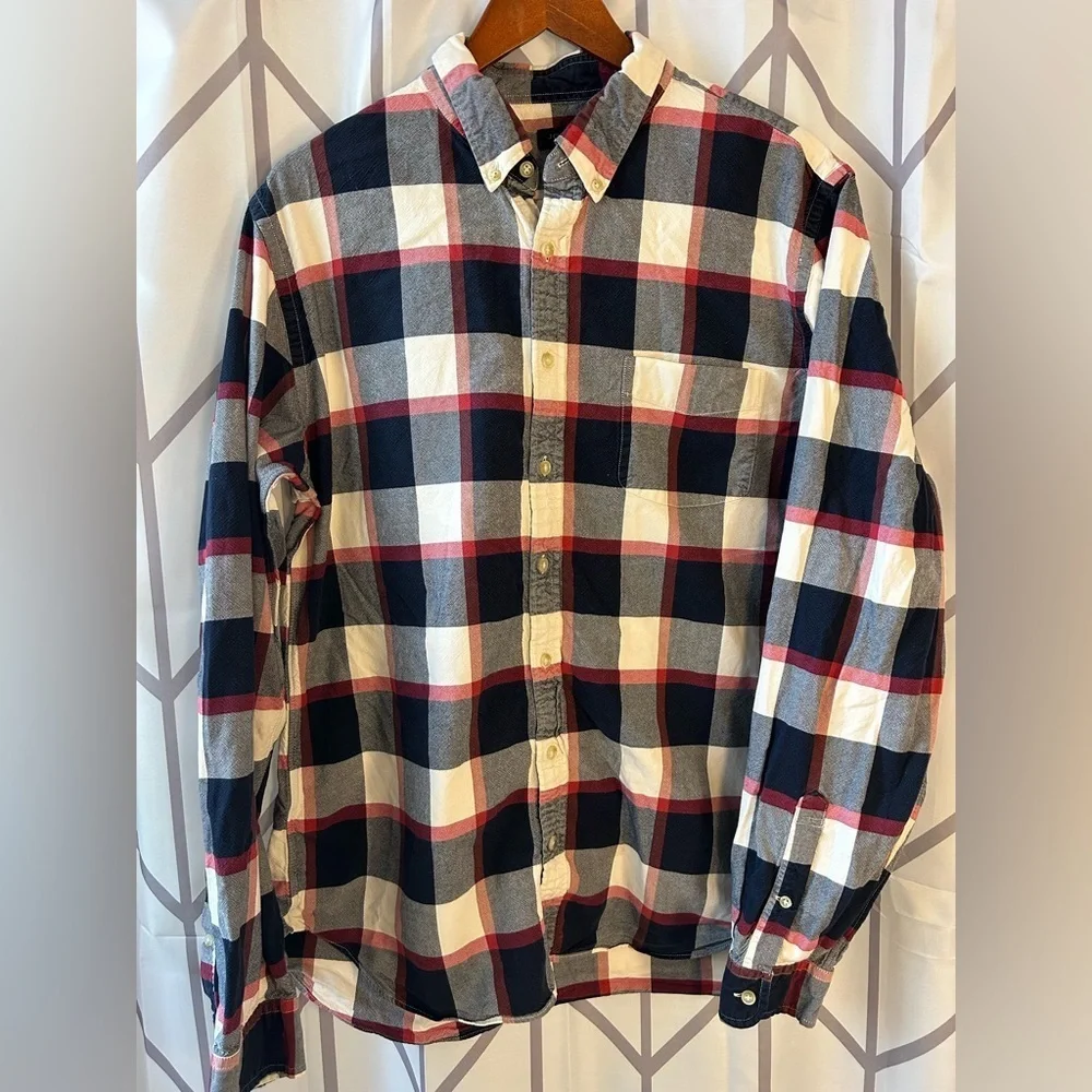 J. Crew Men's Plaid Shirt - Navy, Red, White